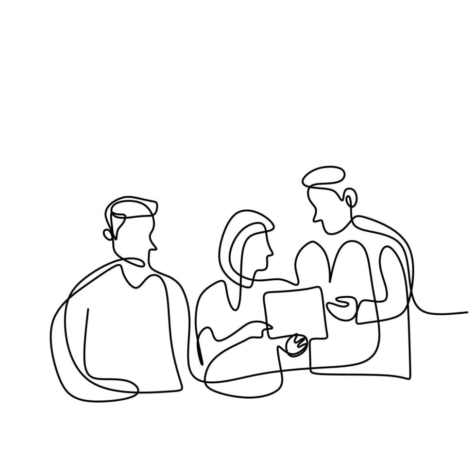 Continuous one line drawing of team doctors. Three professional doctors discussing about diagnostic patient. Medical healthcare teamwork concept. Vector illustration isolated on white background