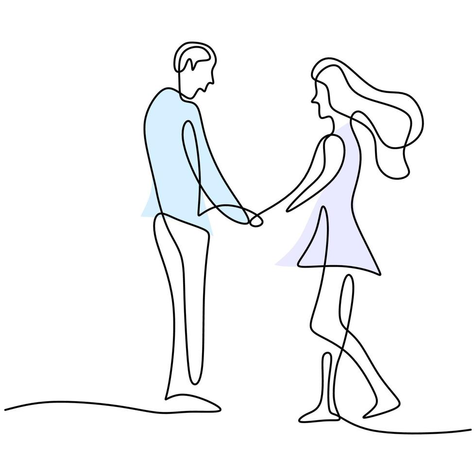 Continuous one line drawing of happy young couple standing and holding hands together. Loving couple woman and man in romantic pose isolated on white background. Vector minimalism design illustration