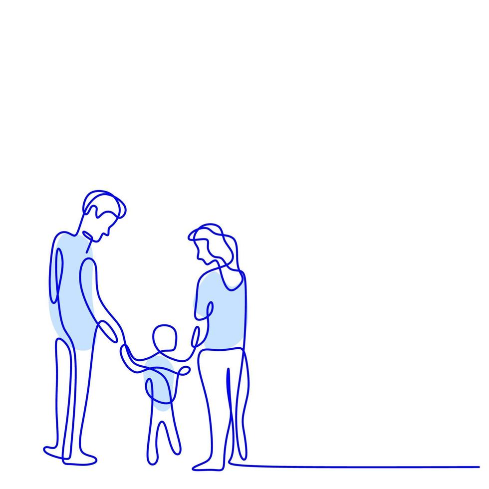 Continuous one line drawing of happy family. Father, mother are help their kid walking on the street. isolated on white background. Parenting concept. Vector illustration minimalism style