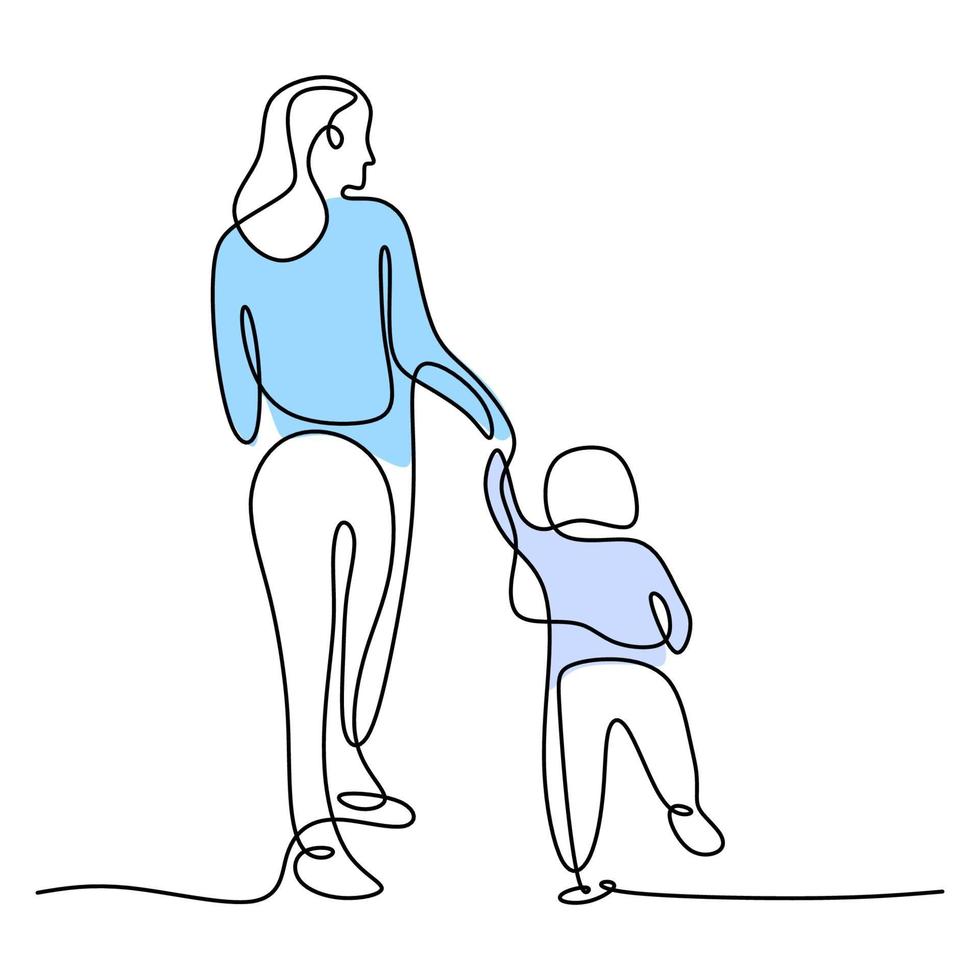 un dibujo de una sola línea de una joven madre feliz sosteniendo a su hijo. una madre jugando junto con su hijo en casa aislado sobre fondo blanco. concepto de paternidad familiar. ilustración vectorial vector