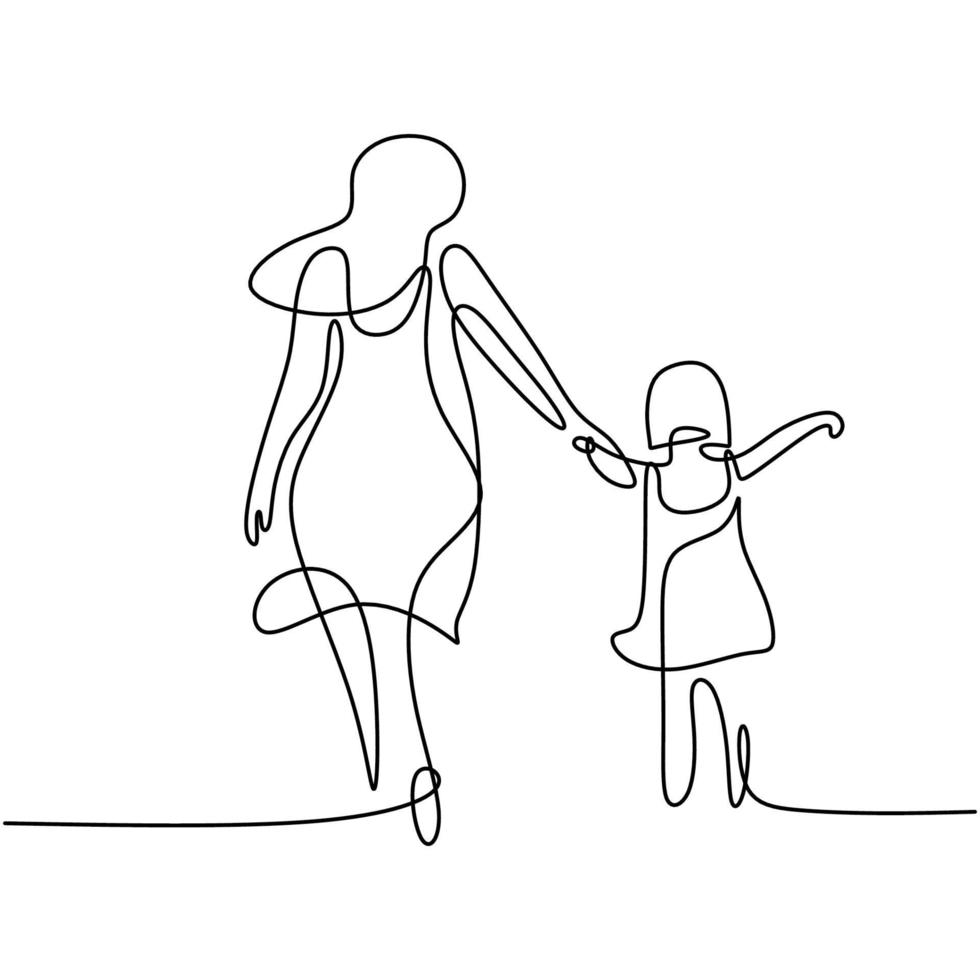 One single line drawing of young happy mom holding her daughter. A mother playing together with her child at home isolated on white background. Family parenthood concept. Vector illustration