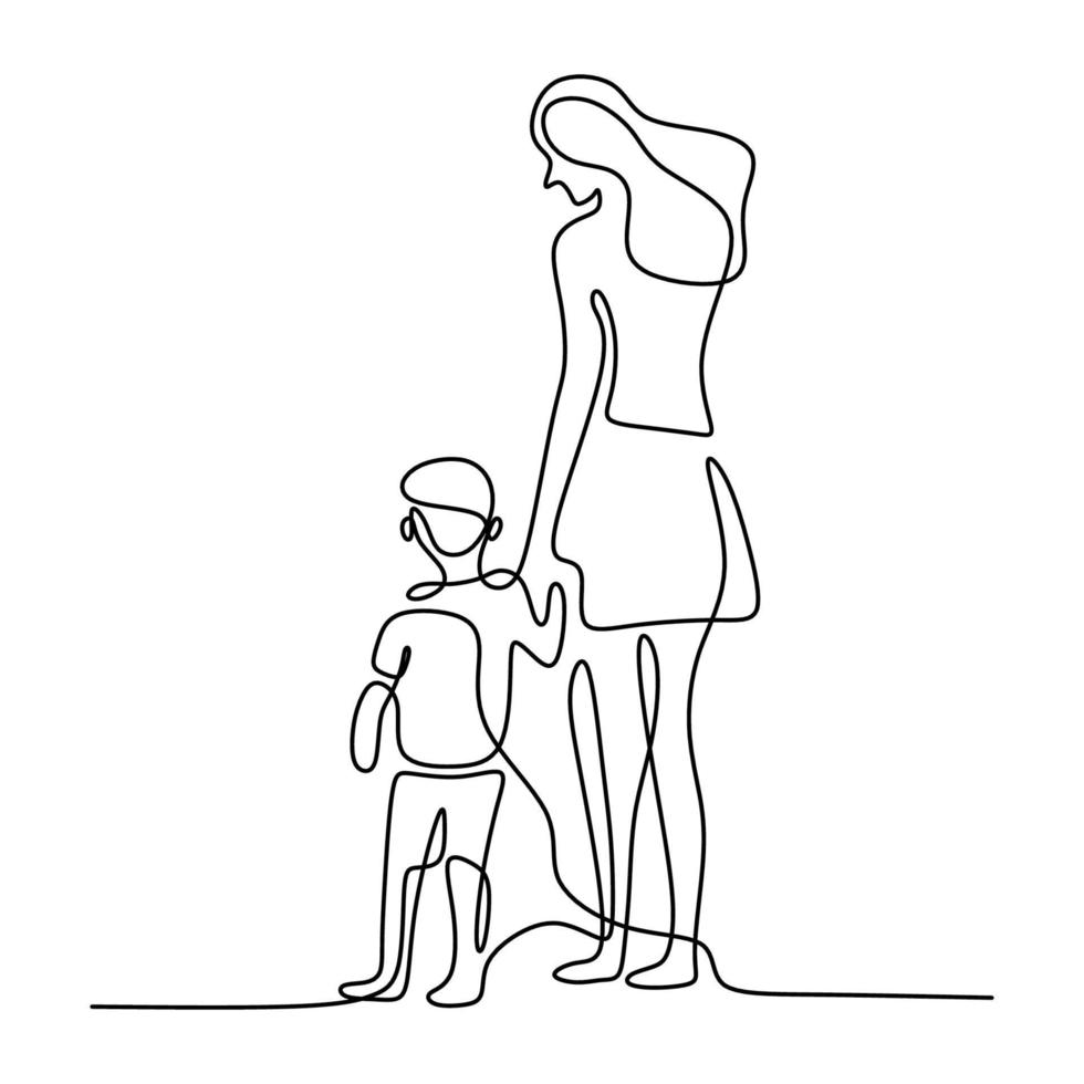 One single line drawing of young happy mom holding her son. A mother playing together with her child at home isolated on white background. Family parenthood concept. Vector illustration