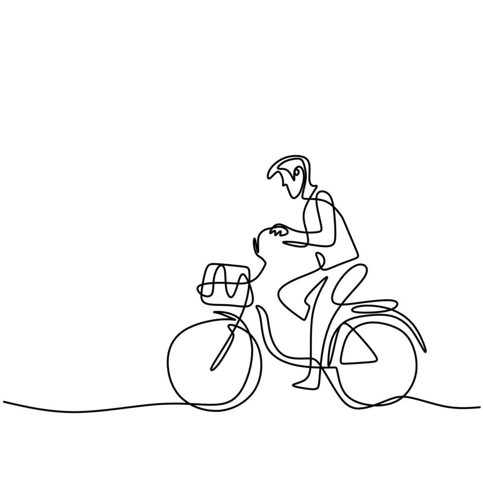 One single line drawing happy young man riding bicycle in the street. A cheerful male enjoying cycling in the morning to get some fresh air. Healthy lifestyle concept. Vector illustration