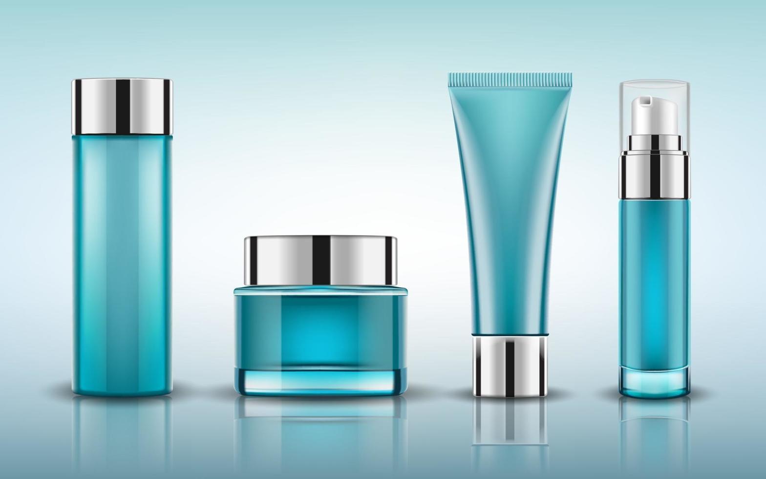 Set of blue cosmetic bottles packaging mockup, ready for your design, vector illustration.