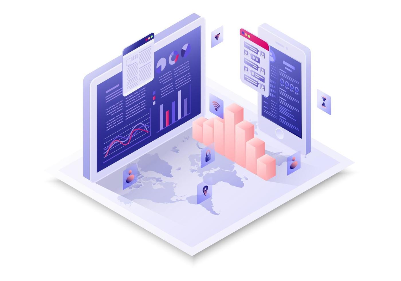 Isometric connect business concept with chart vector