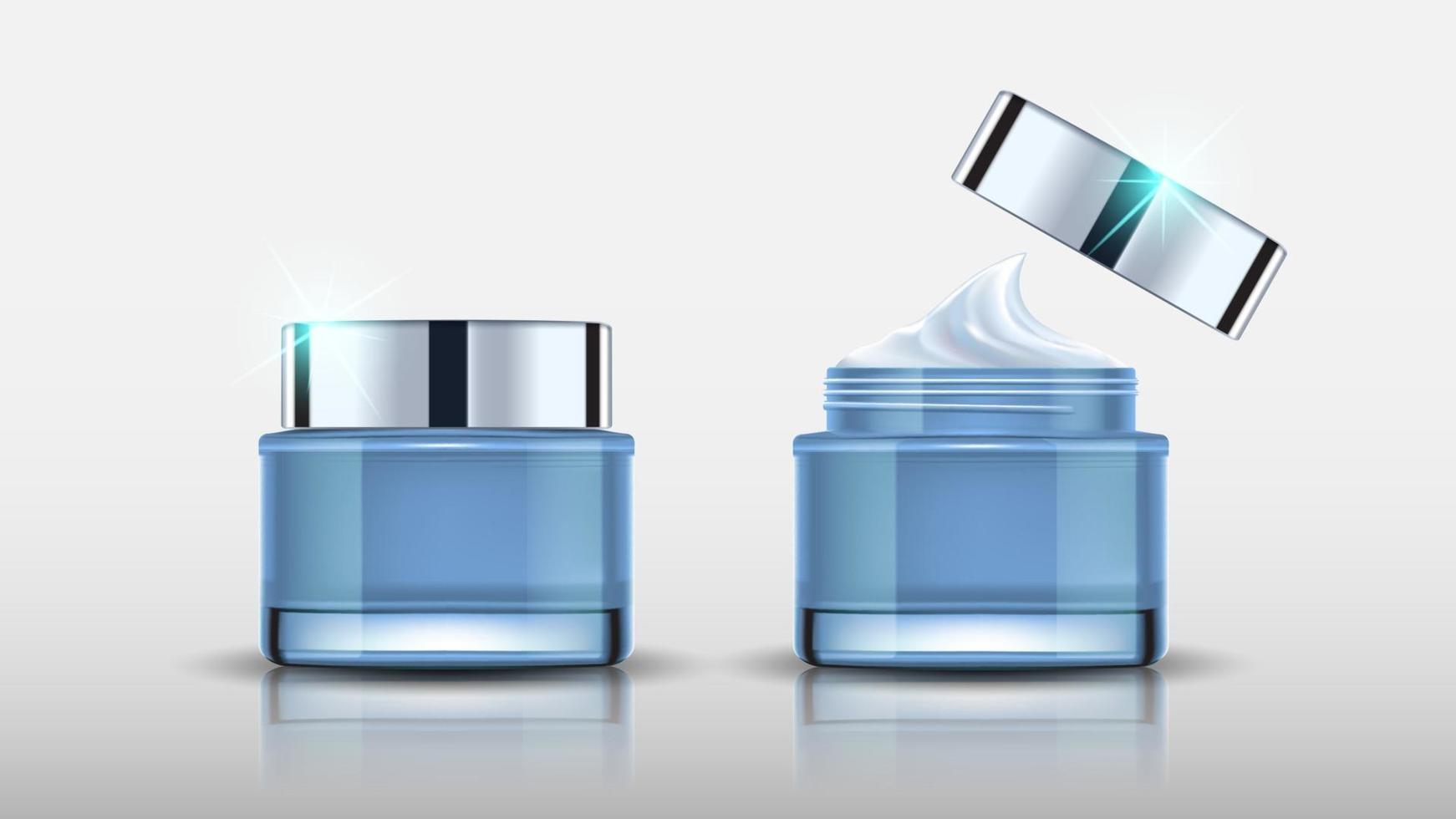 Set of blue cosmetic bottles packaging mock up and cream, ready for your design, vector illustration.