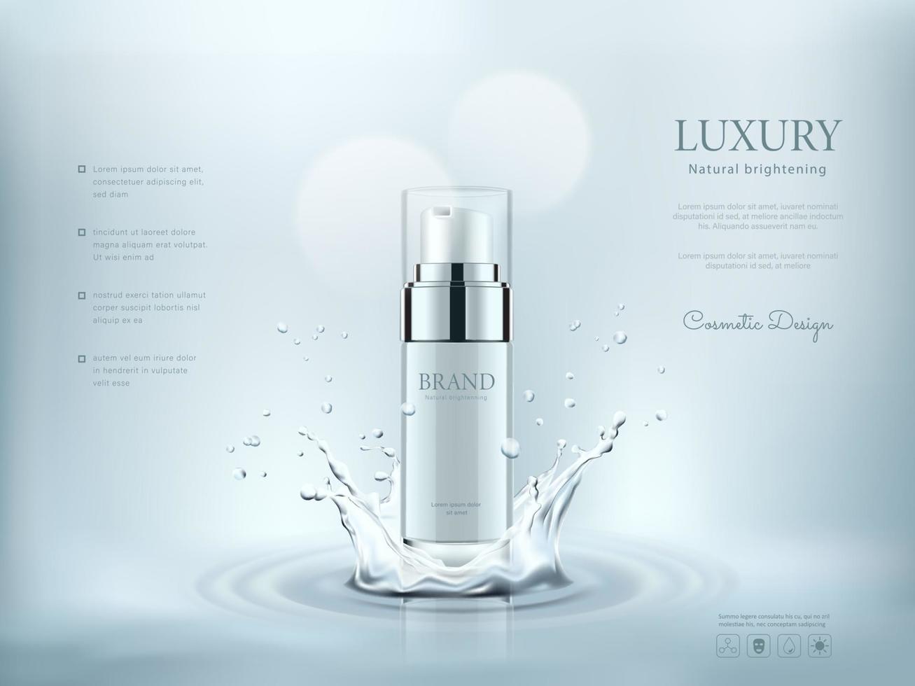 White cosmetic bottle with water splashing background, ready for your design, vector illustration.