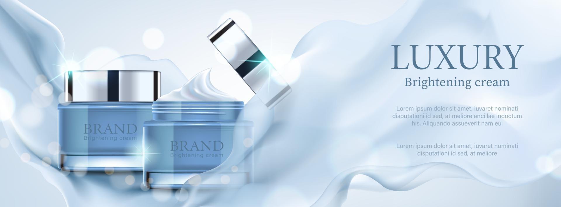 Luxury banner cosmetic ad with container with blue satin on bokeh background, vector illustration.