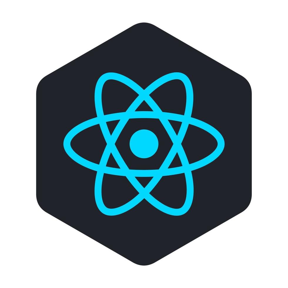 Blue atom icon in a black hexagon vector