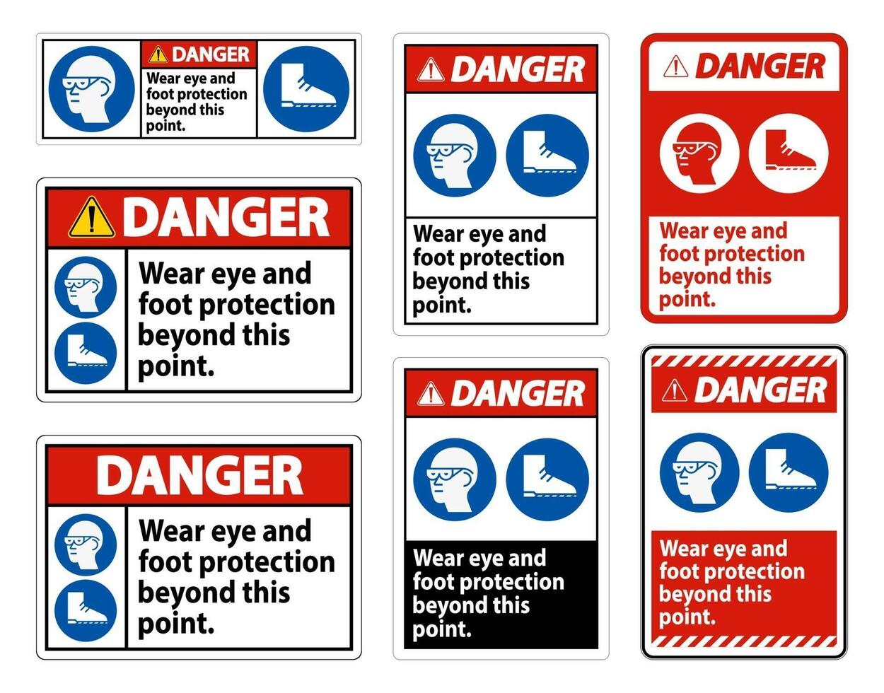 señal de peligro use protección para los ojos y los pies más allá de este punto con símbolos de ppe vector