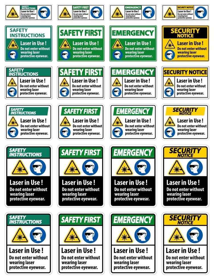 Advertencia etiqueta de seguridad de ppe, láser en uso no ingrese sin usar gafas protectoras contra láser vector