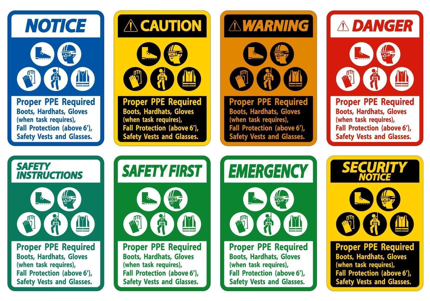 Proper PPE Required Boots, Hardhats, Gloves When Task Requires Fall Protection With PPE Symbols vector