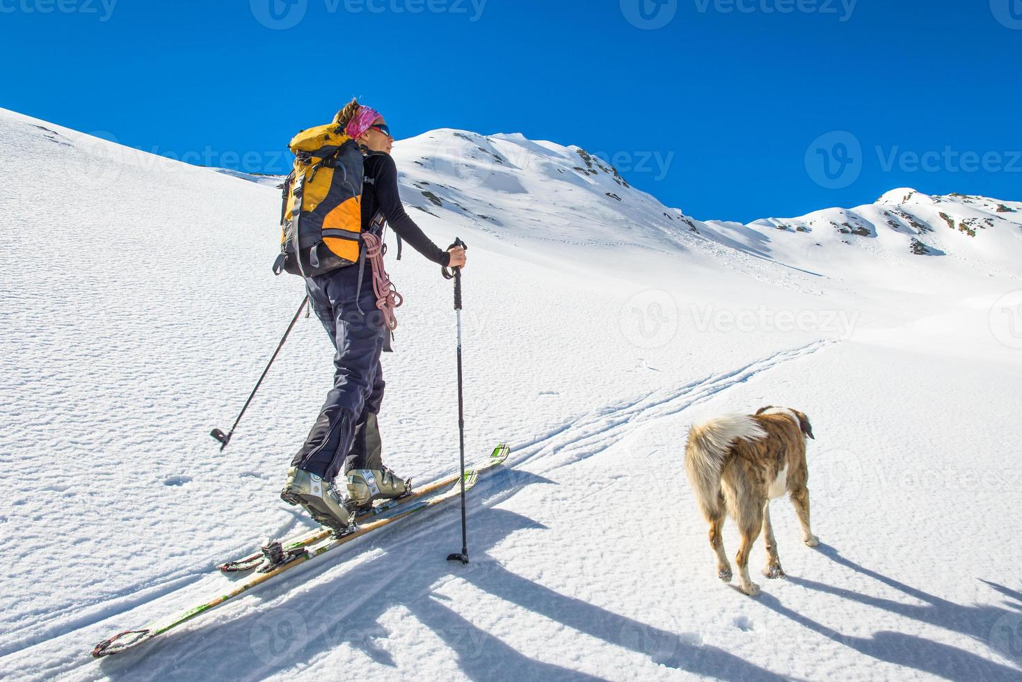 niña hace esquí de montaña con perro foto
