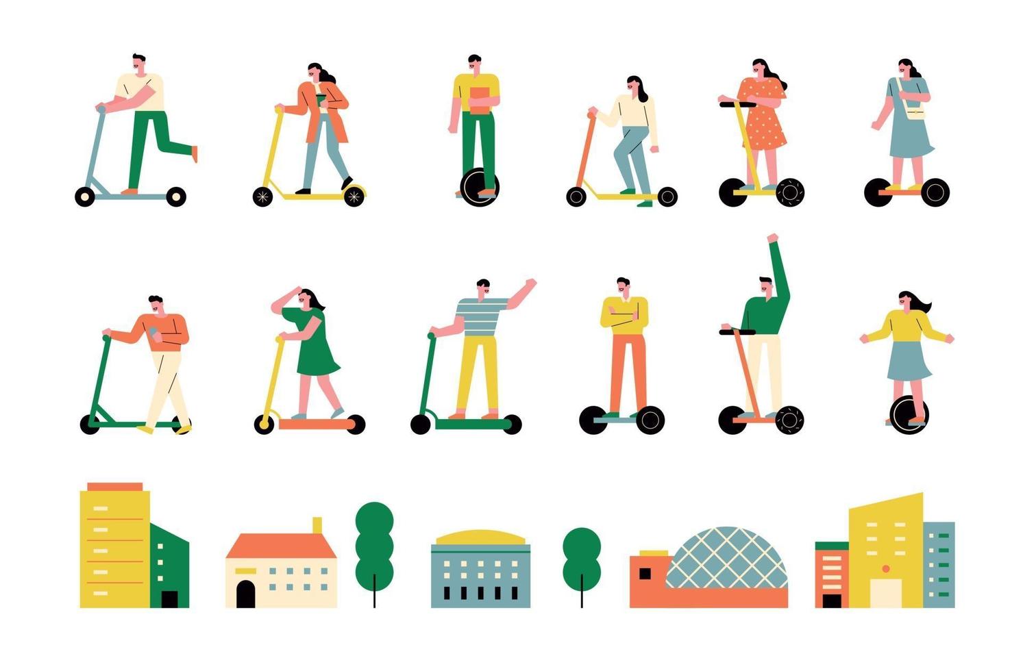 Collection of people riding scooters and city icons vector