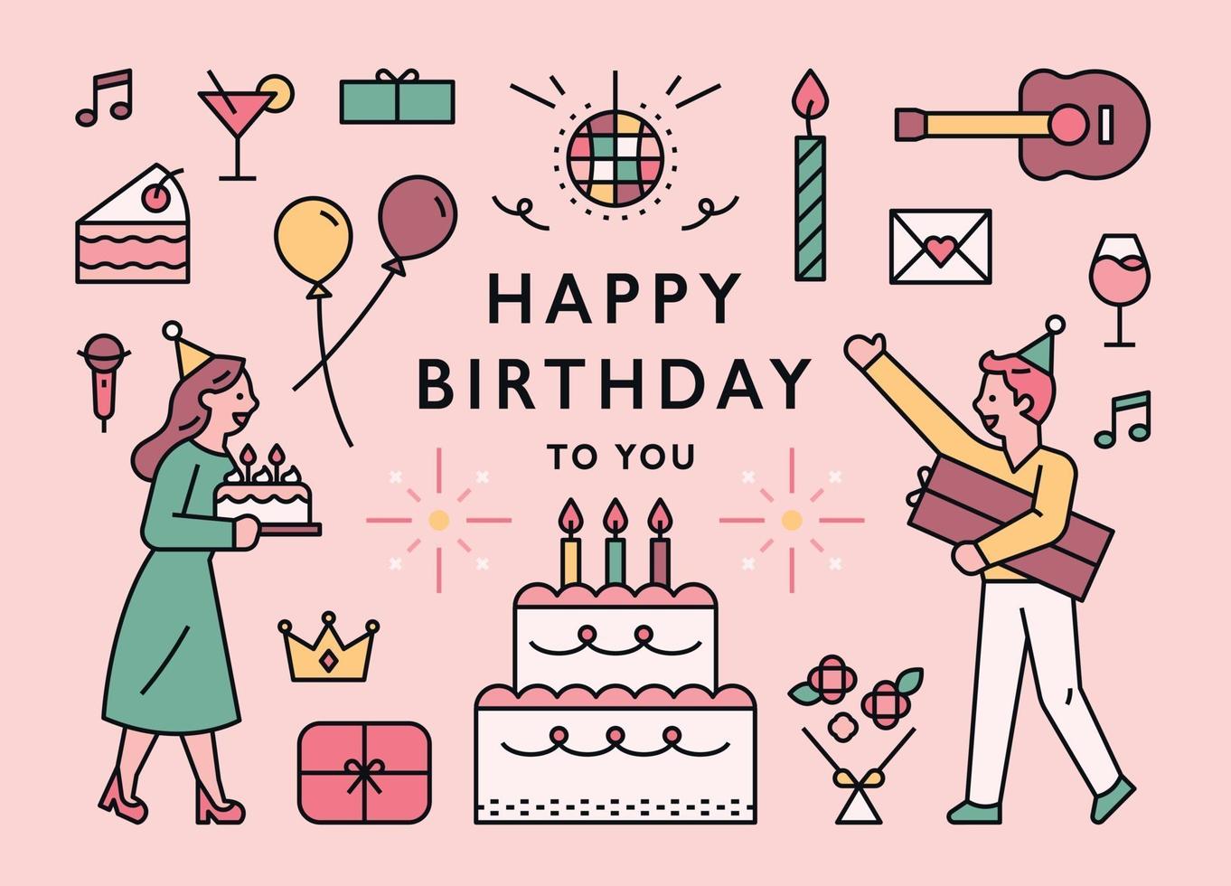 birthday card with icons and couple character. vector