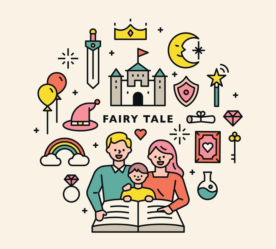 Parents reading a book for the baby. fairy tale icons set. vector