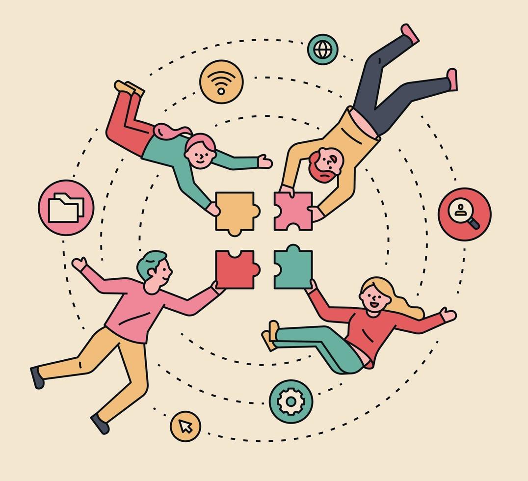 business people floating and putting a puzzle together. vector