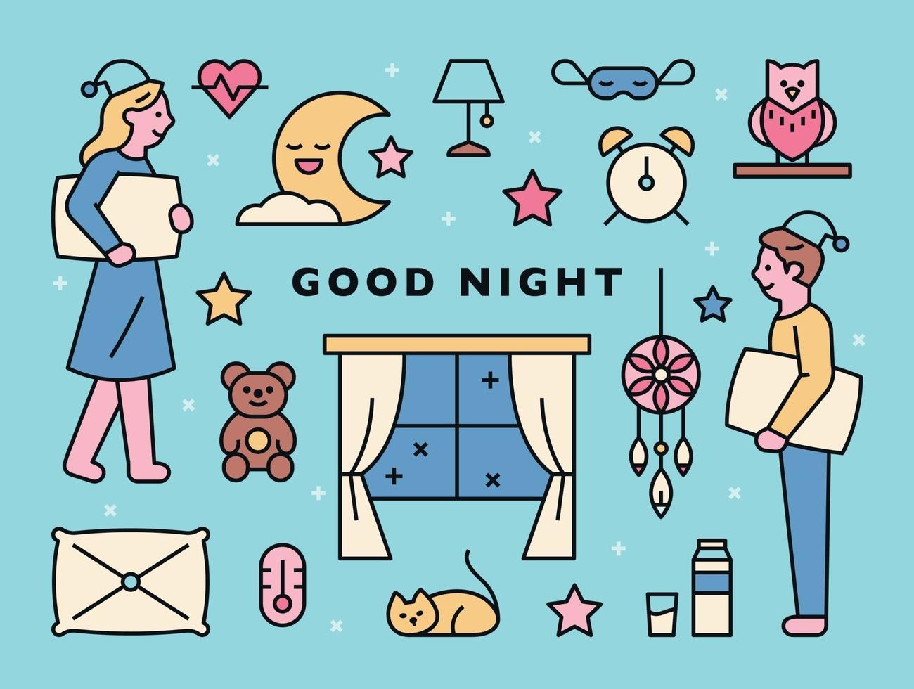 sleep icons and characters on pajamas vector