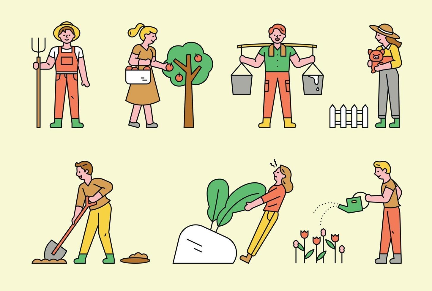 Cute farmer icon set. vector