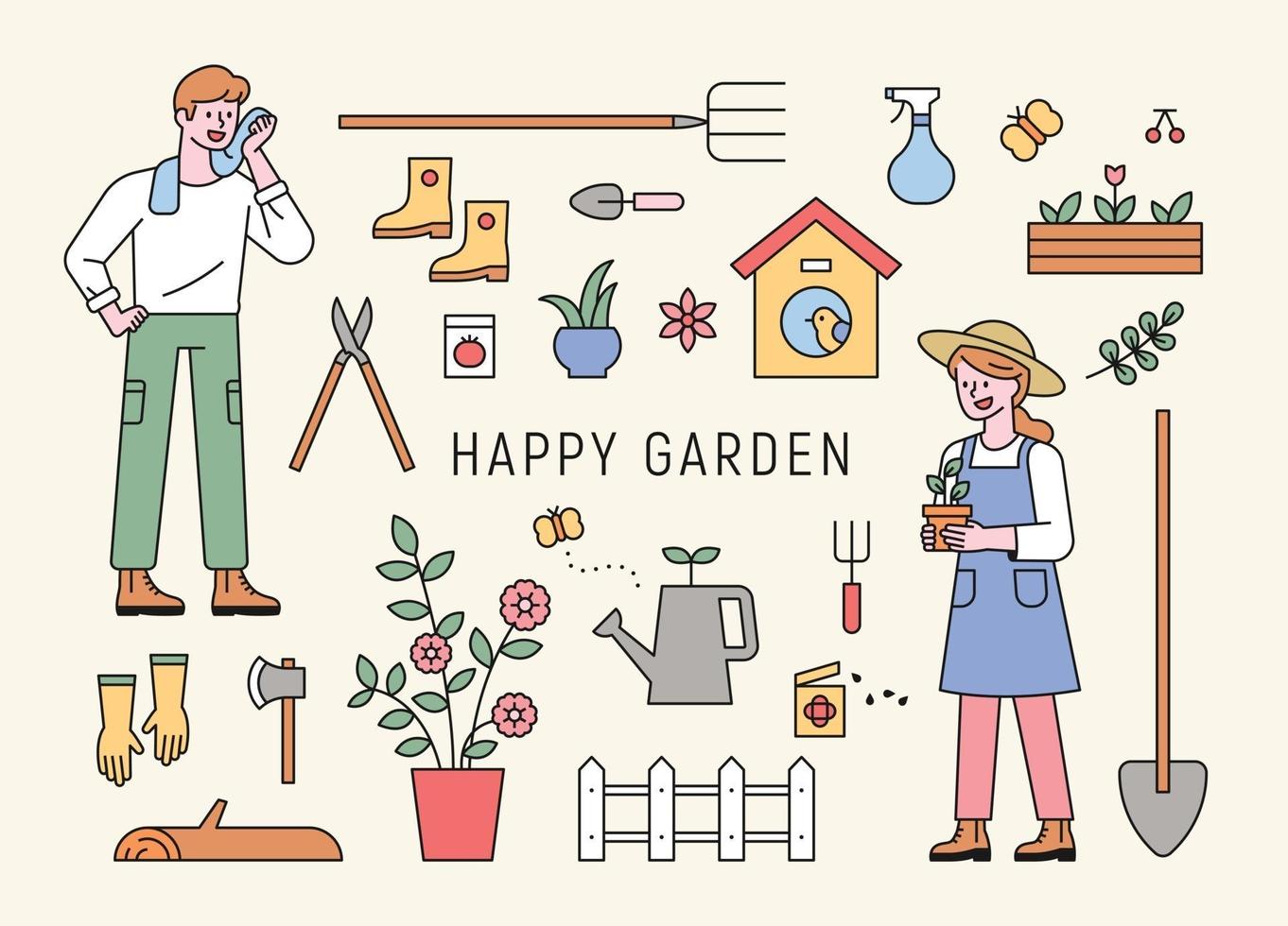 personajes de hombre y mujer jardinería con herramientas vector