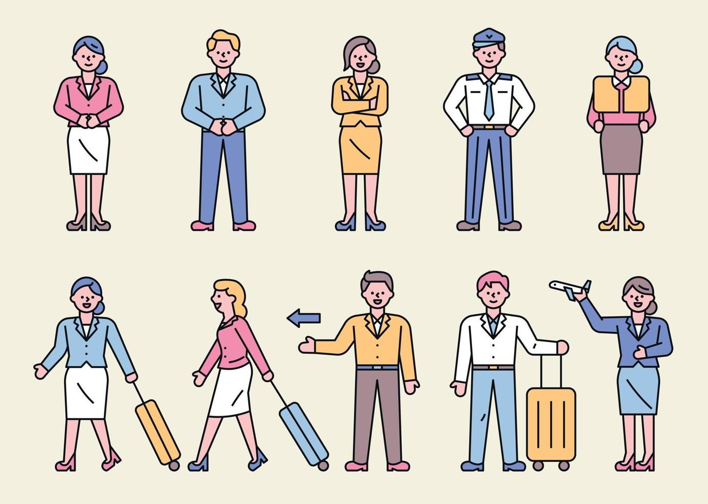 A collection of flight attendant characters making various gestures. vector