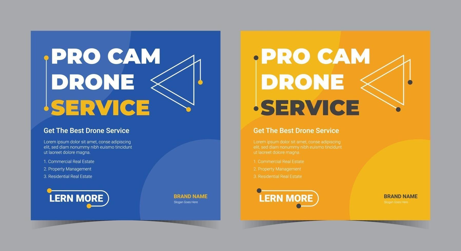 Pro cam drone service poster, drone social media post and flyer vector