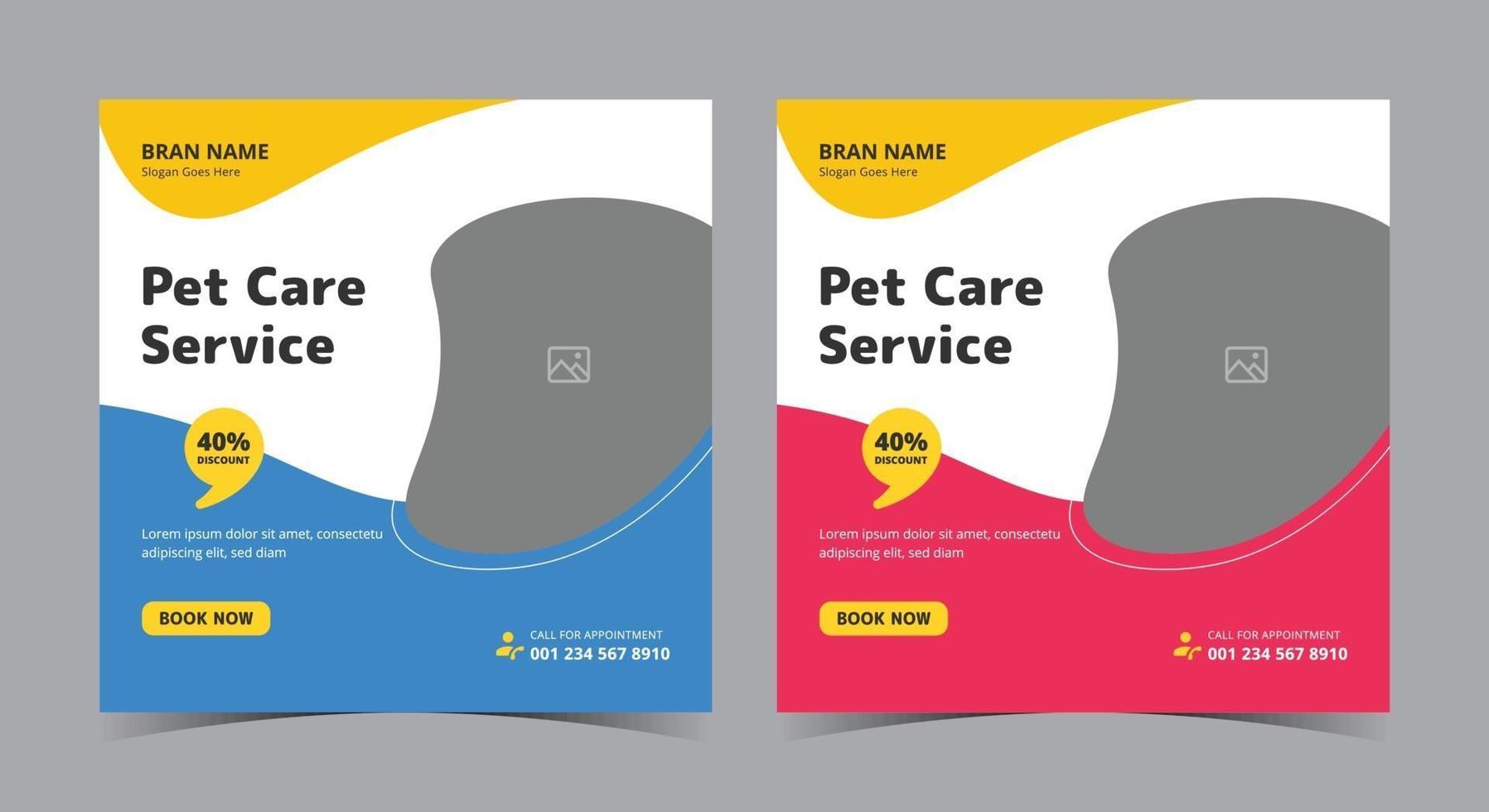 cartel de servicio de cuidado de mascotas, publicación de redes sociales de cuidado de mascotas y folleto vector