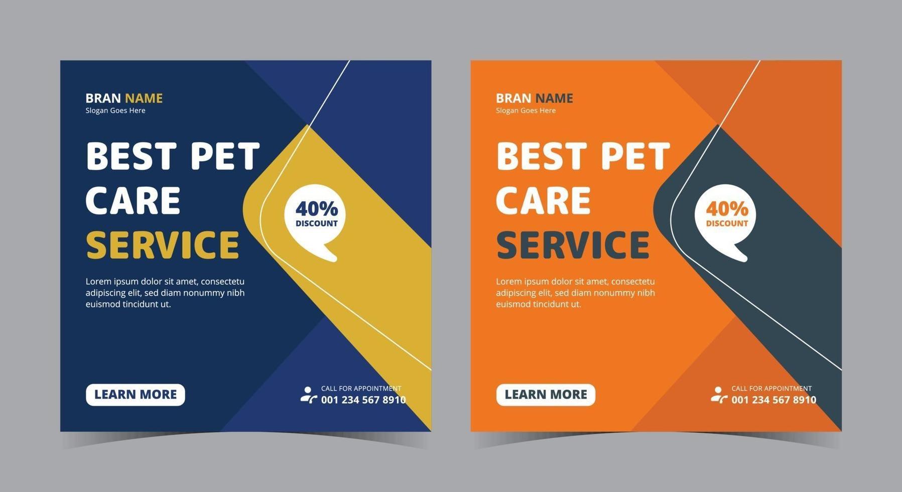 el mejor cartel de servicio de cuidado de mascotas, publicación en redes sociales de cuidado de mascotas y folleto vector