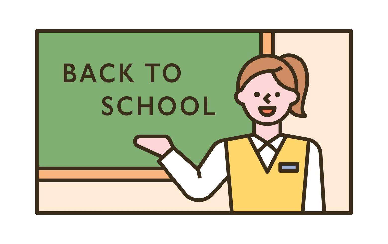 A female student is standing in front of the blackboard and giving an explanation. flat design style minimal vector illustration.