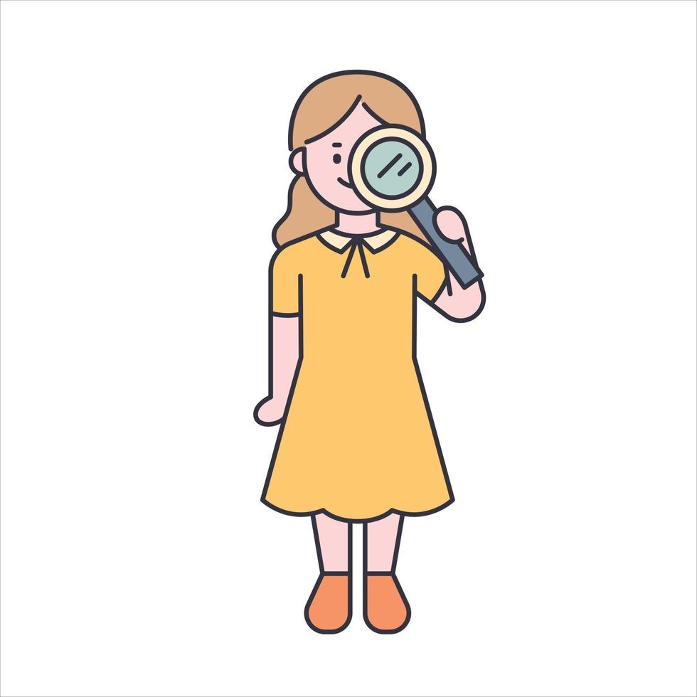 una chica guapa con un vestido amarillo con una lupa. Ilustración de vector mínimo de estilo de diseño plano.