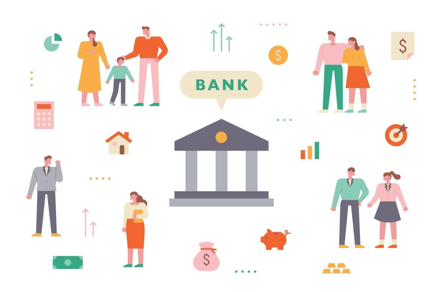 Bank system banner with icons and customers. vector