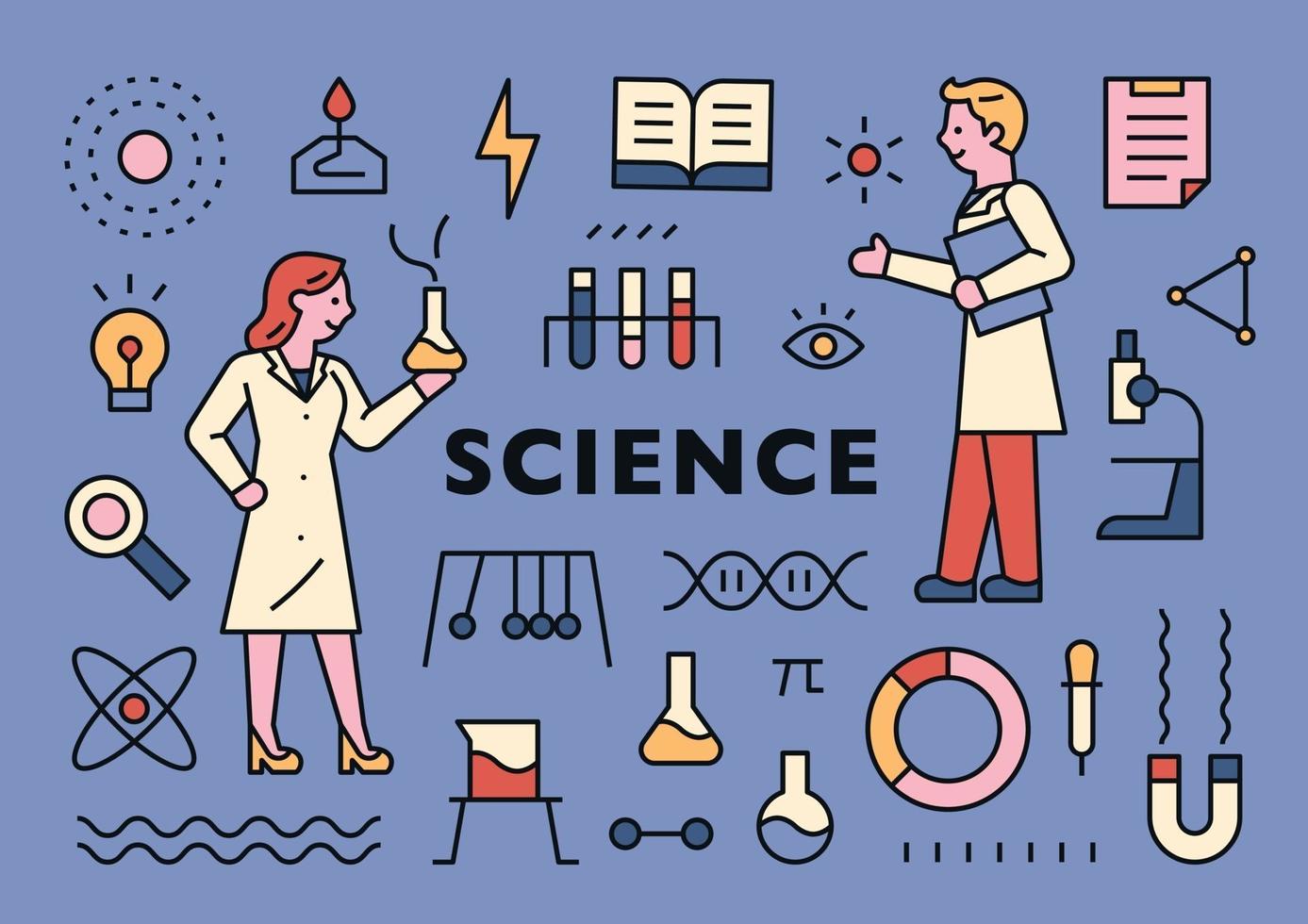 Banner de ciencia con iconos y personajes científicos. vector