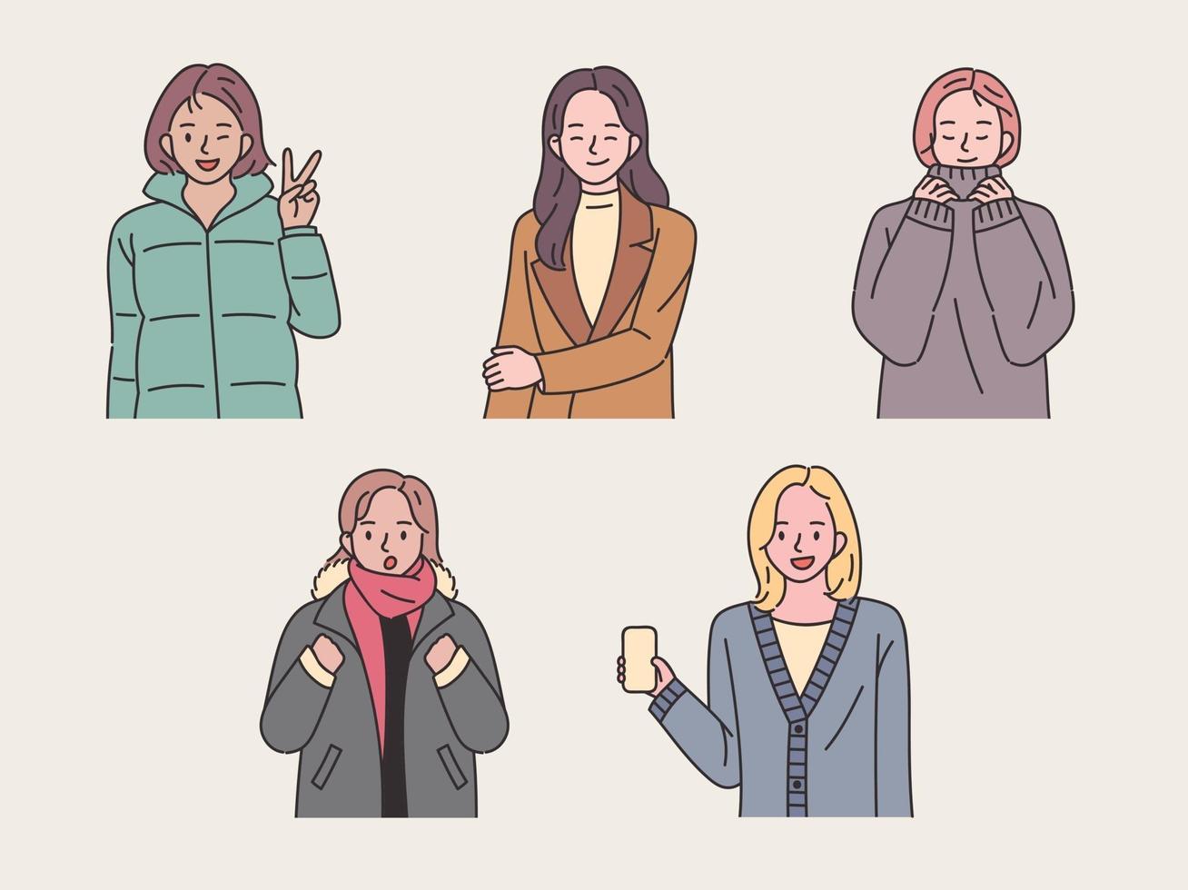 Collection of young women with winter clothes vector