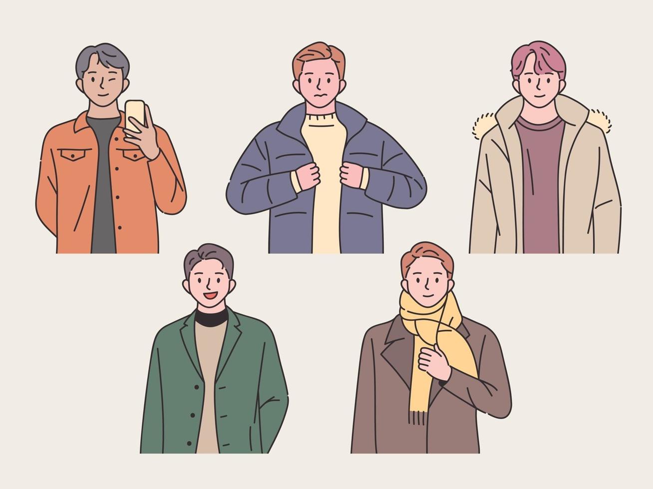 Collection of young men with winter clothes vector