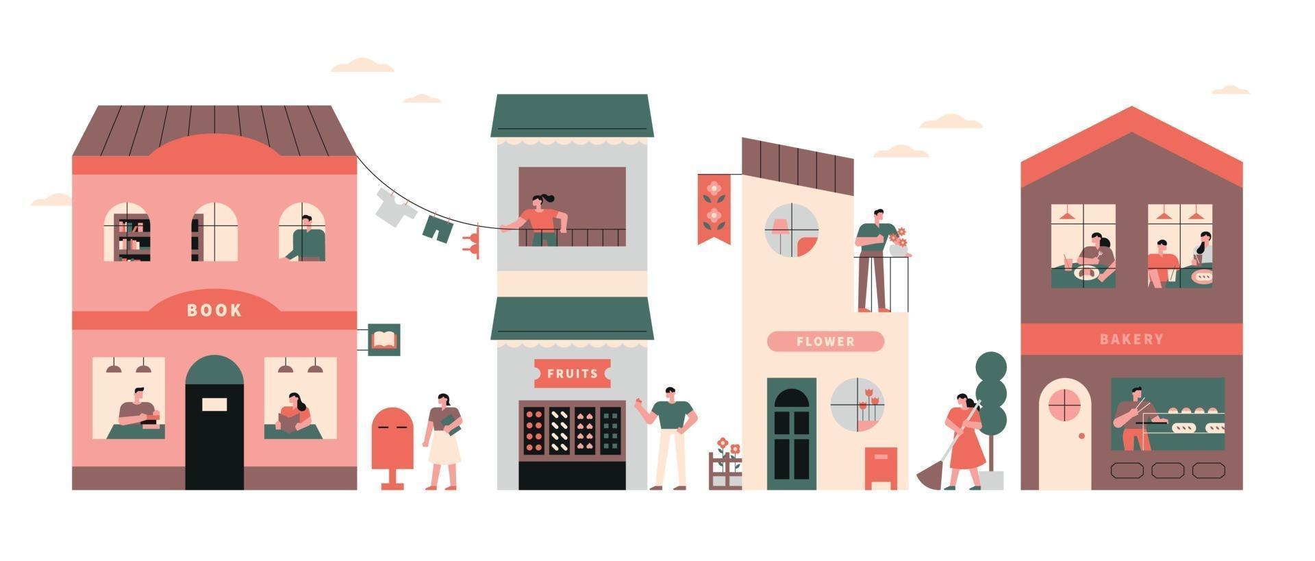 Vecinos en la calle con lindos edificios. Ilustración de diseño plano. vector