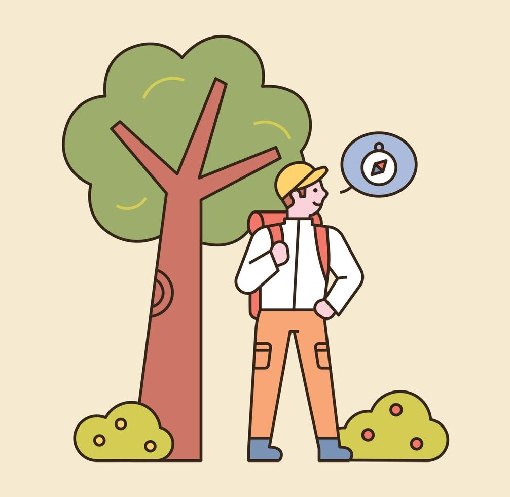 A man is backpacking. He is looking for directions under the tree. flat design style minimal vector illustration.