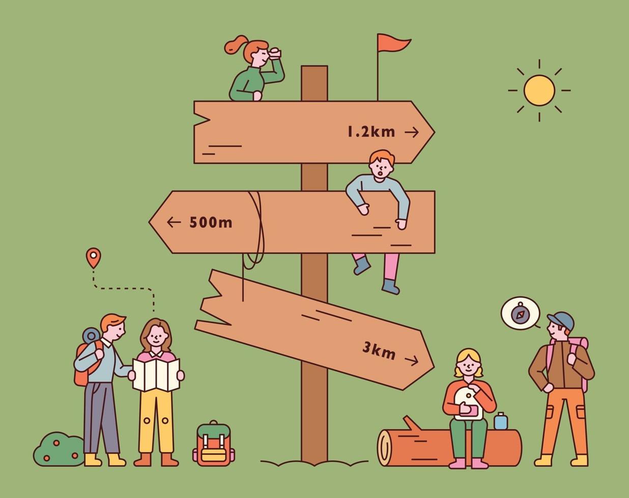 A big direction sign with backpackers. People are finding their way around the signpost and taking a break. flat design style minimal vector illustration.