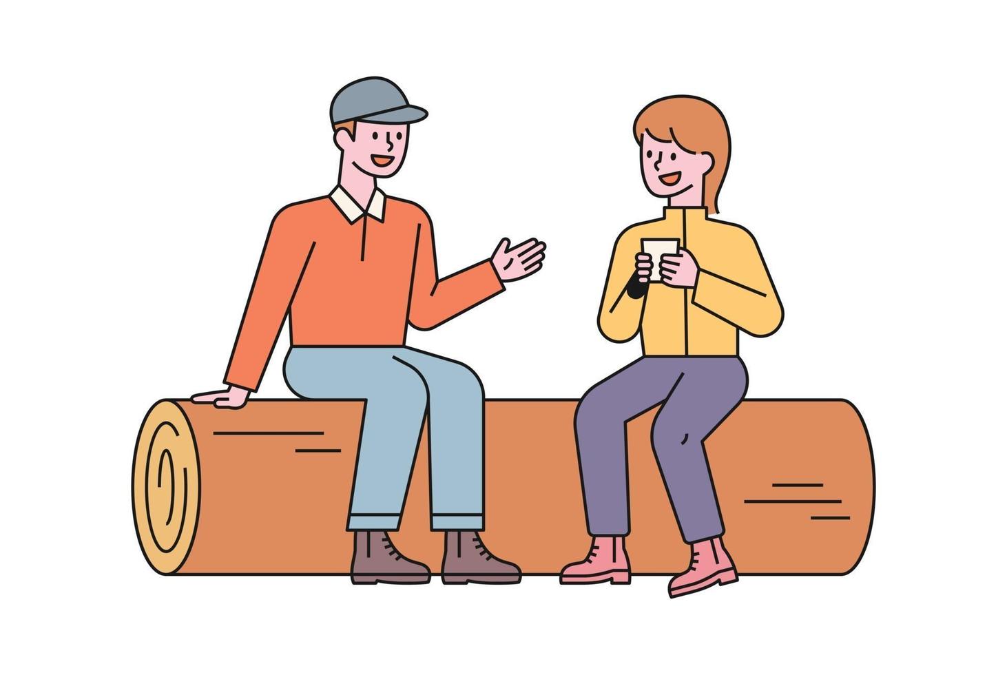 A man and a woman are sitting on a log and talking while resting. flat design style minimal vector illustration.