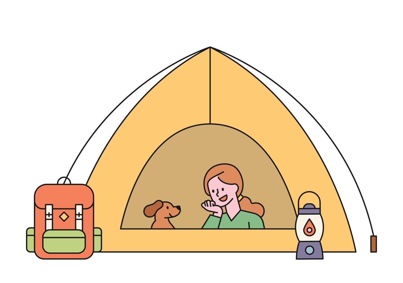 A woman is camping with her dog. The woman and the dog are resting in the tent. flat design style minimal vector illustration.