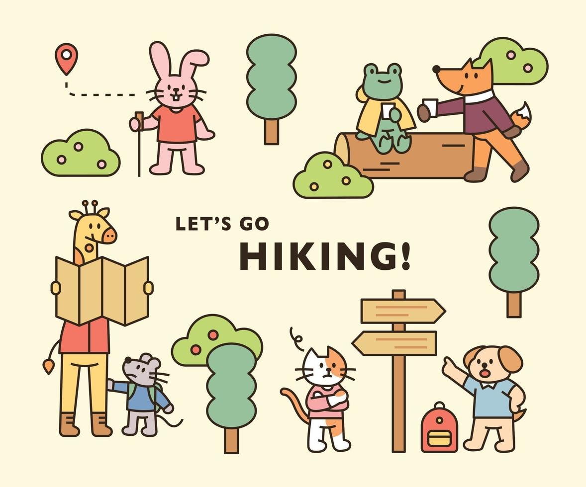 Animal hiking poster. Cute animals are traveling through the forest. flat design style minimal vector illustration.