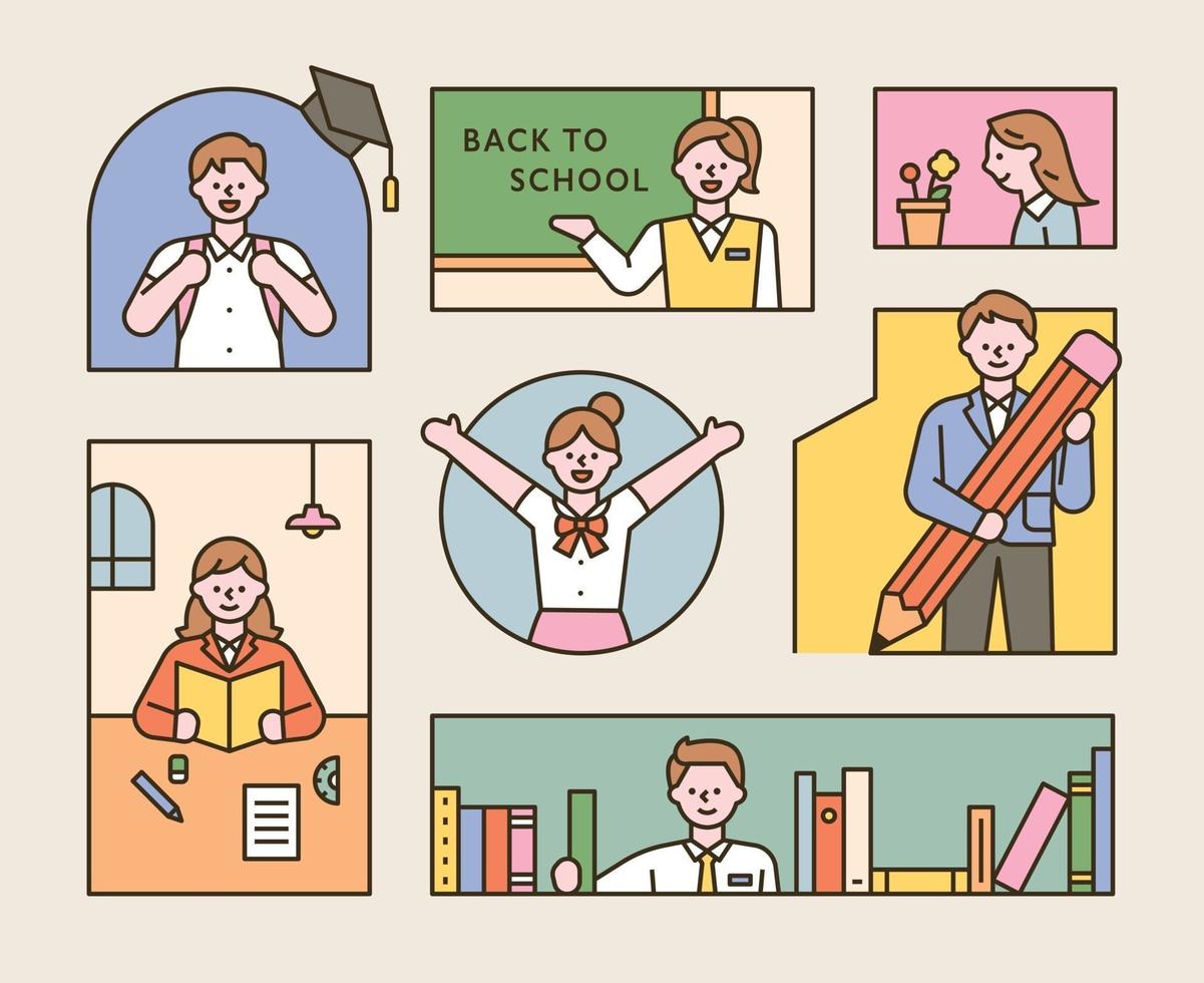A collection of students wearing school uniforms. A composition in which children are studying in various types of frames vector