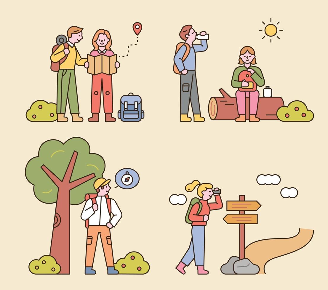 People are hiking with backpacks. Looking at the map, sitting on a log, looking for directions. flat design style minimal vector illustration.