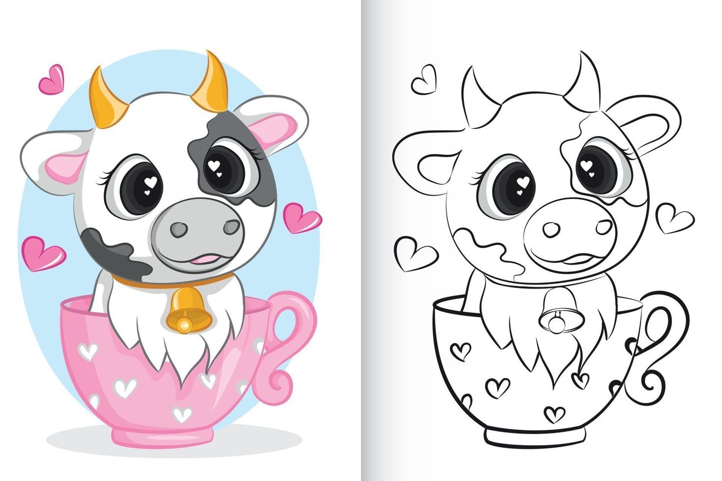 Cute cow in pink cup. coloring book for preschool children. vector