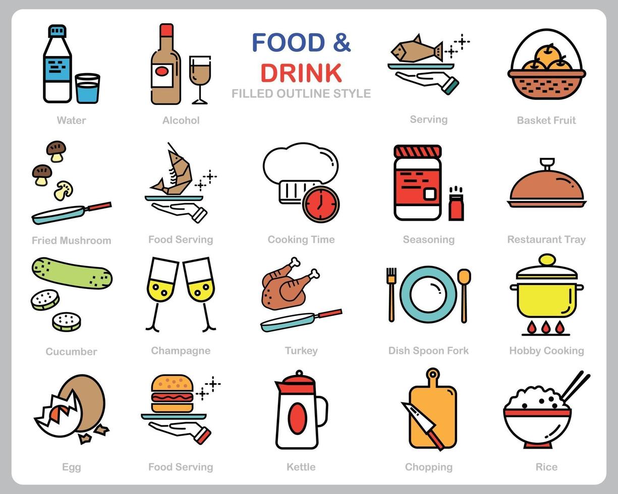 conjunto de iconos de alimentos y bebidas para sitio web, documento, diseño de carteles, impresión, aplicación. icono de concepto de comida y bebida lleno de estilo de contorno. vector