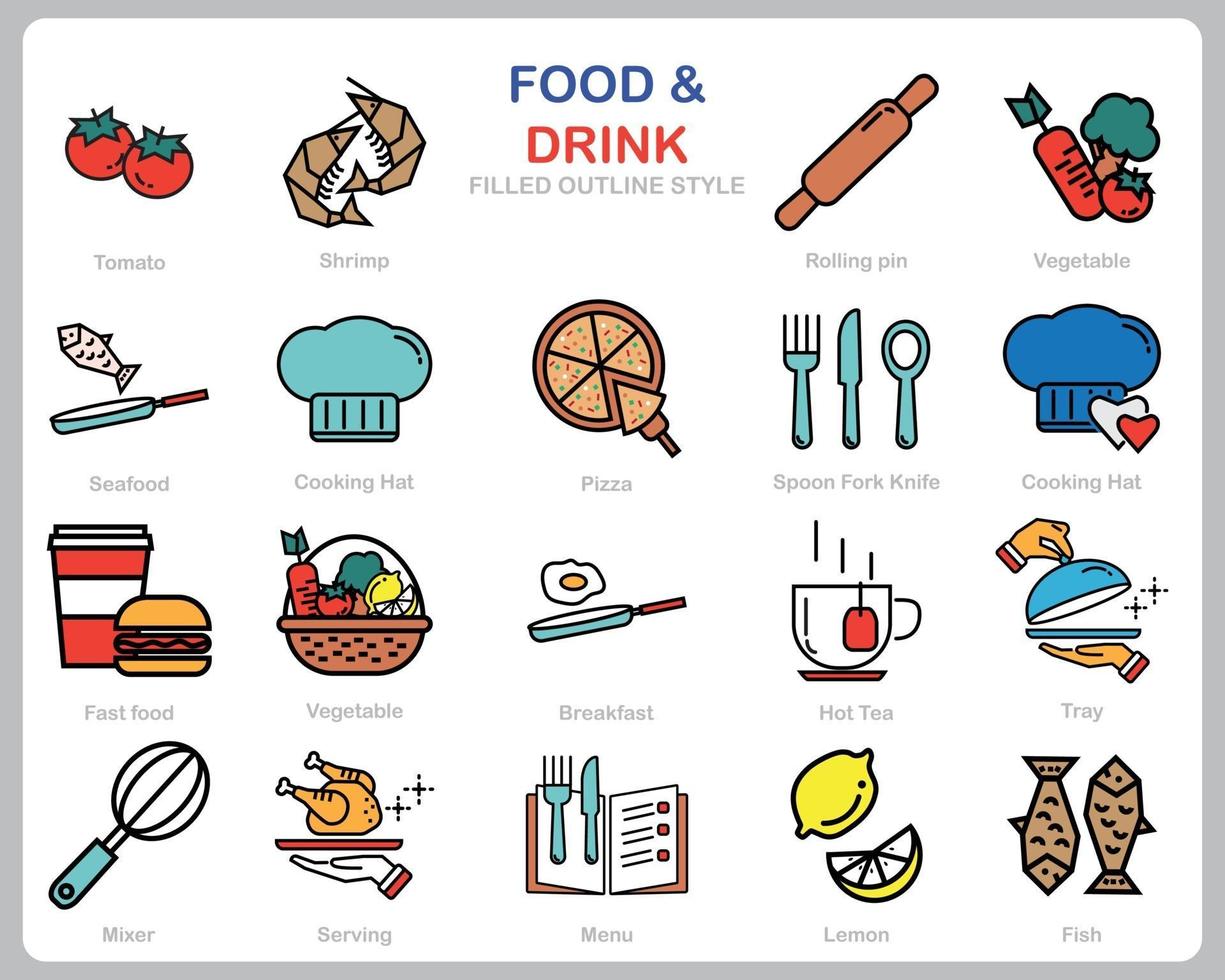 Food and Drink icon set for website, document, poster design, printing, application. Food and Drink concept icon filled outline style. vector