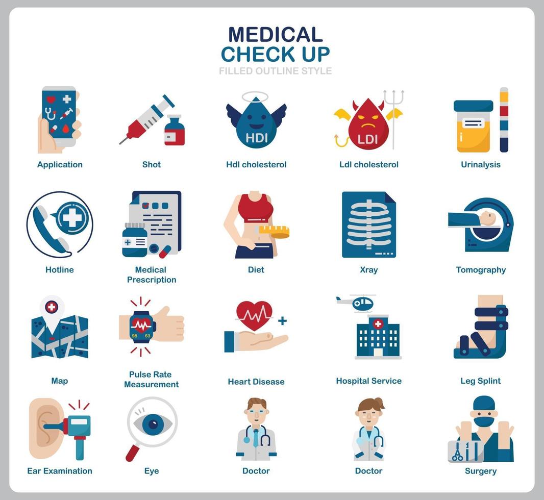 conjunto de iconos de chequeo médico para sitio web, documento, diseño de carteles, impresión, aplicación. icono de concepto de salud estilo plano. vector