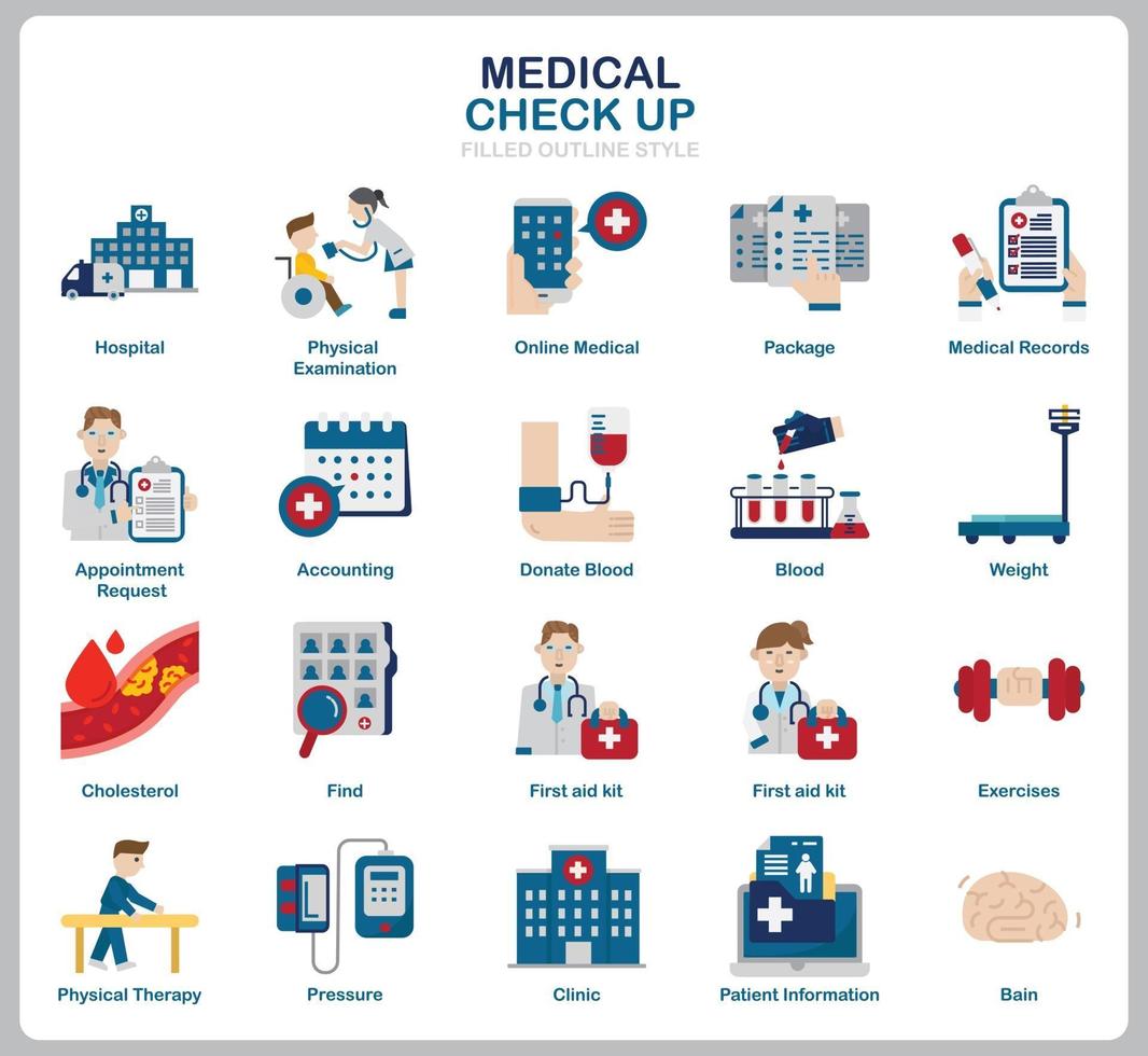 conjunto de iconos de chequeo médico para sitio web, documento, diseño de carteles, impresión, aplicación. icono de concepto de salud estilo plano. vector