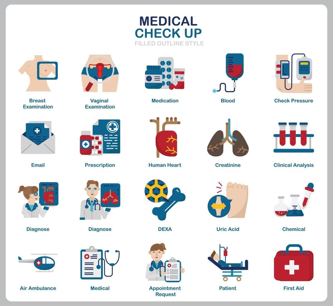 conjunto de iconos de chequeo médico para sitio web, documento, diseño de carteles, impresión, aplicación. icono de concepto de salud estilo plano. vector