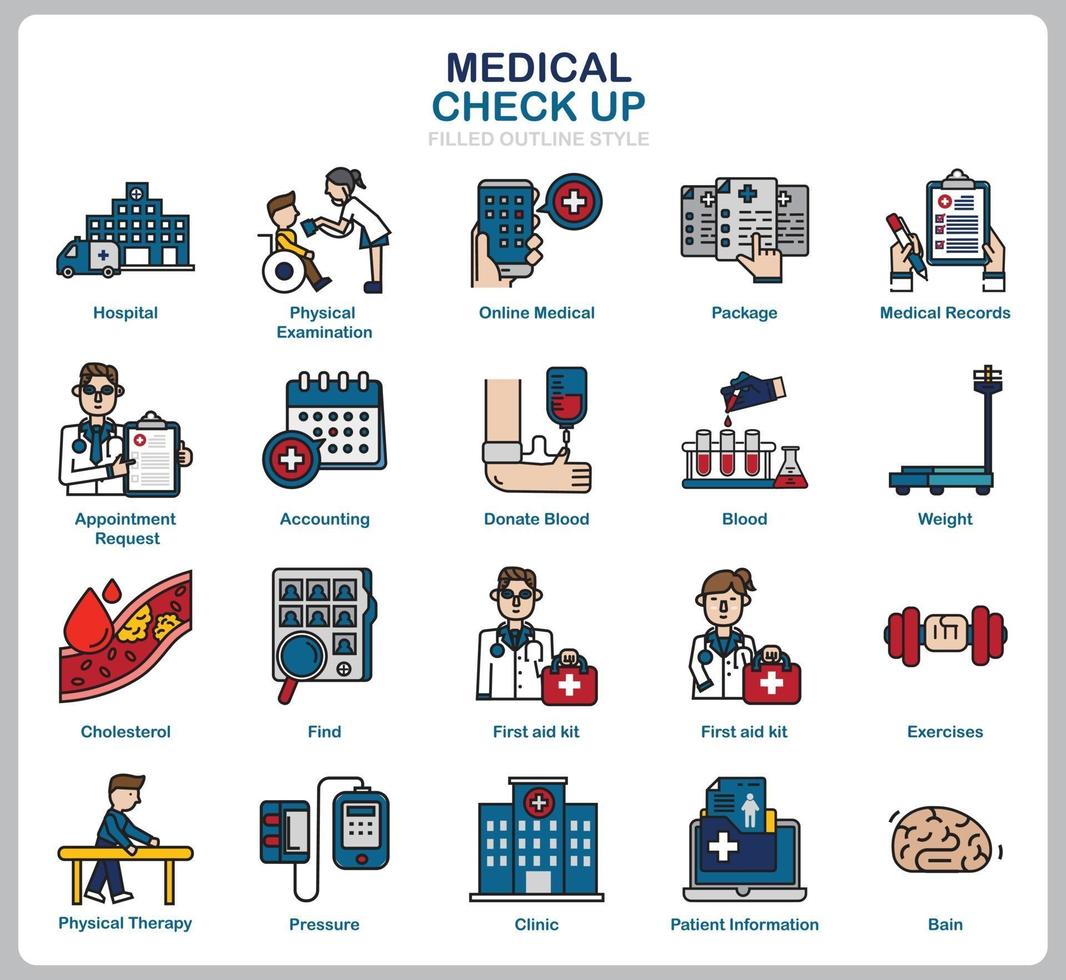 conjunto de iconos de chequeo médico para sitio web, documento, diseño de carteles, impresión, aplicación. icono de concepto de salud lleno de estilo de contorno. vector