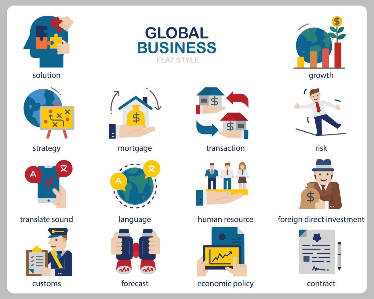 conjunto de iconos de negocios globales para sitio web, documento, diseño de carteles, impresión, aplicación. estilo de esquema de icono de concepto de negocio global. vector